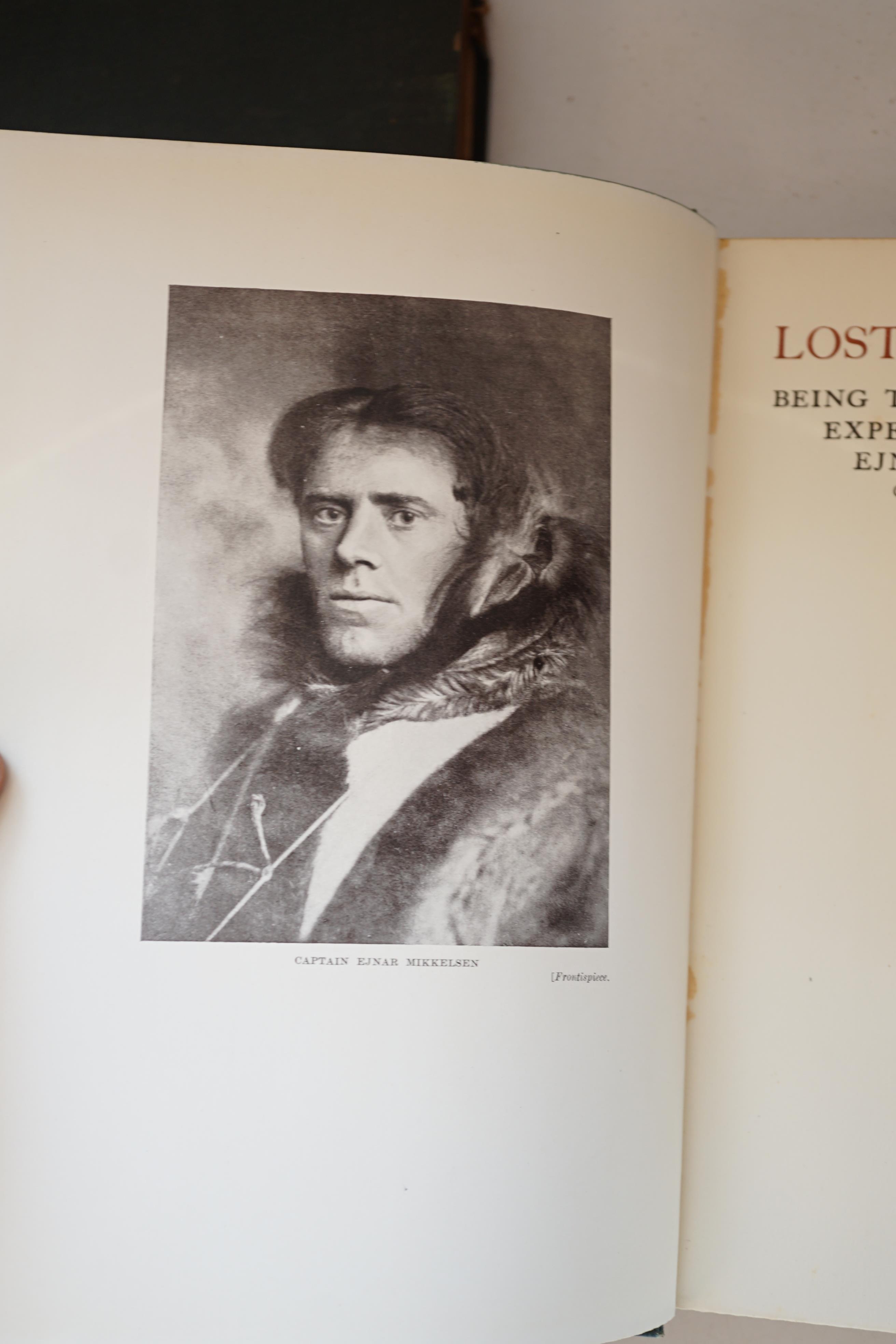 Mikkelsen, Ejnar. Lost in the Arctic being the Story of the 'Alabama' Expedition, 1909-1912, 1st edition, illustrated, including folding map at rear, 4to, cloth, pictorial decorated in silver with a panel depicting an ic